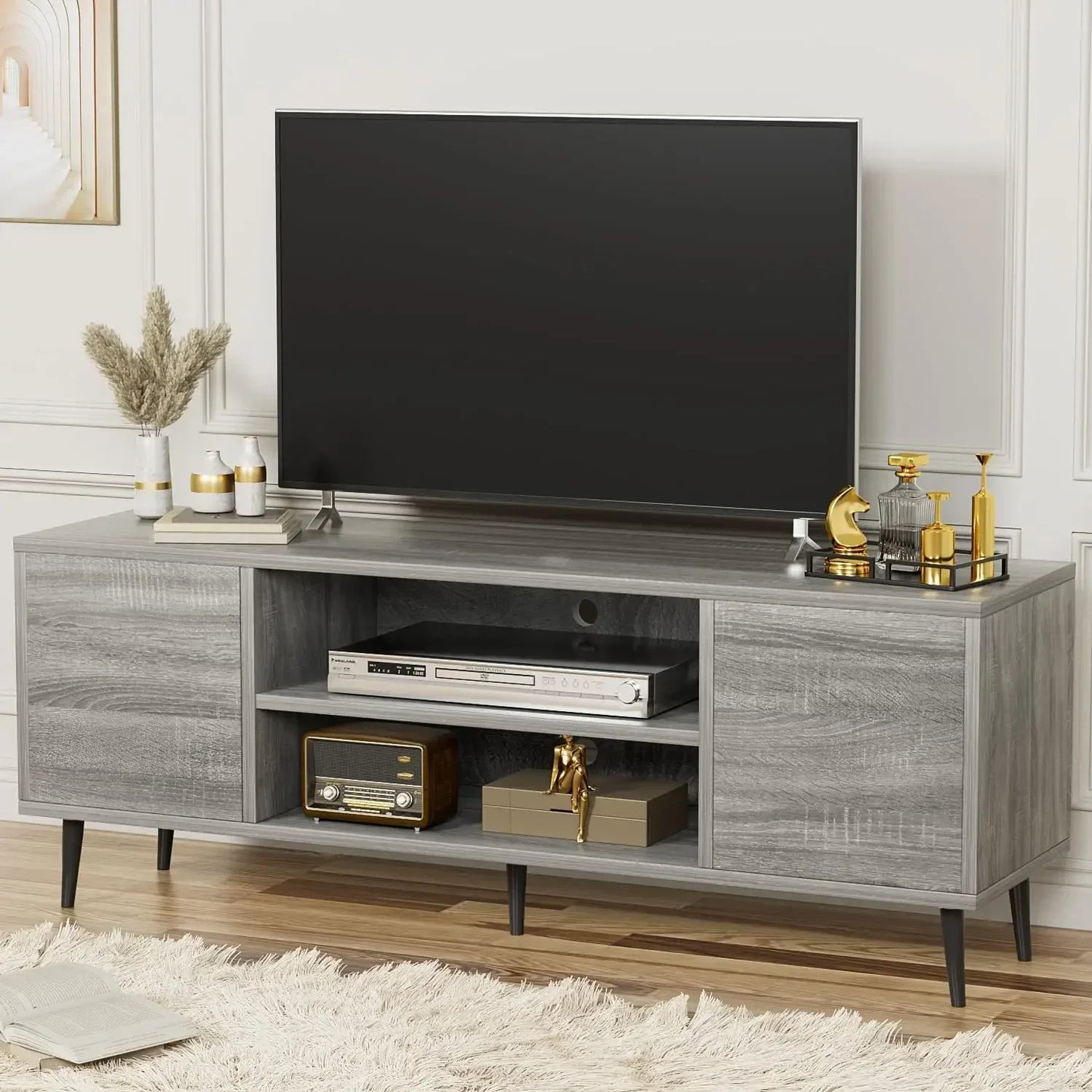 Retro-Style TV Stand for 65" TV with Storage Cabinets