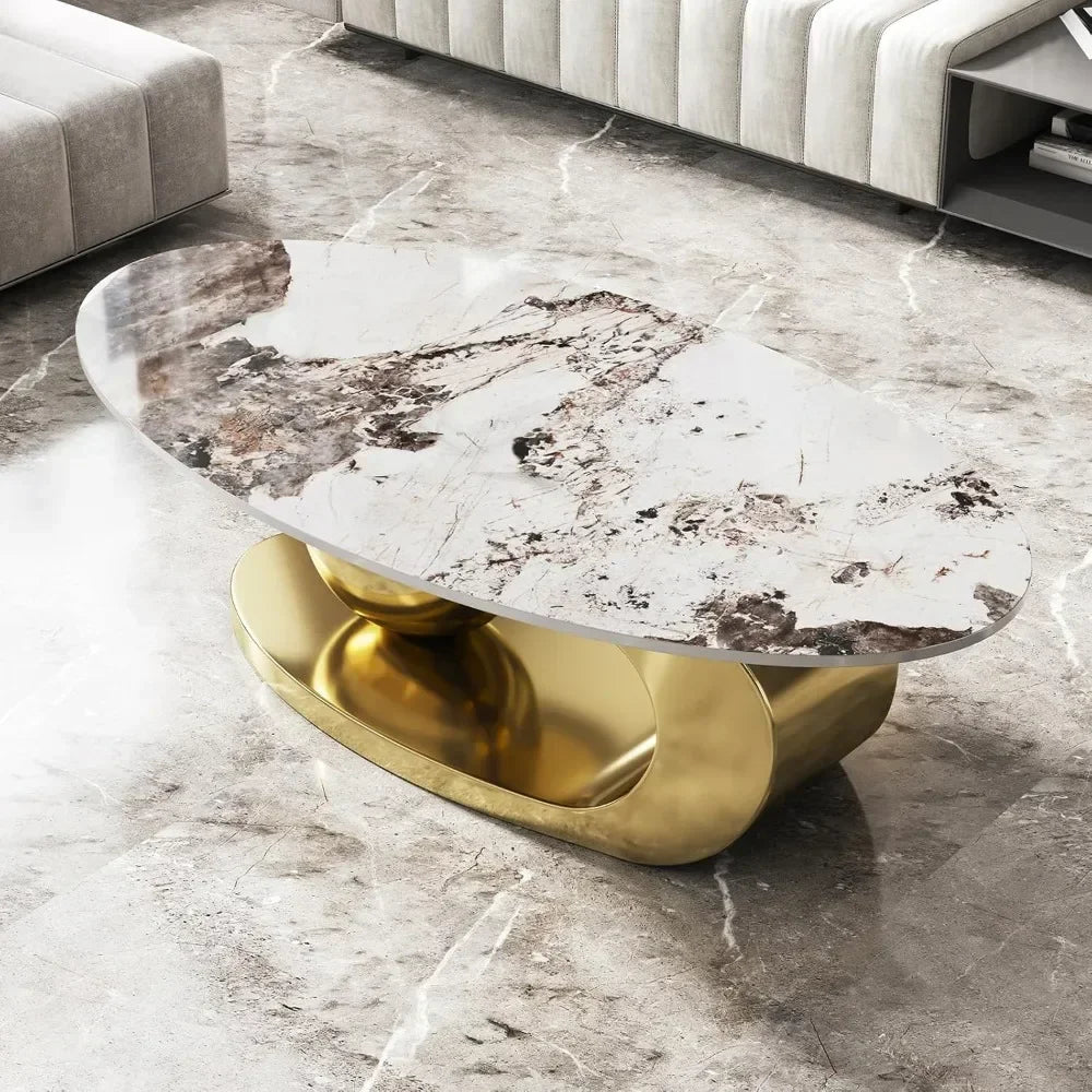 Modern Oval Stone Coffee Table with Gold Metal Base – Elegant Living Room Centerpiece