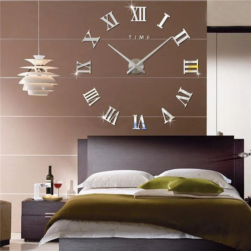 3D Acrylic Roman Numerals Wall Clock – Large Round Mirror Design DIY Self-Adhesive