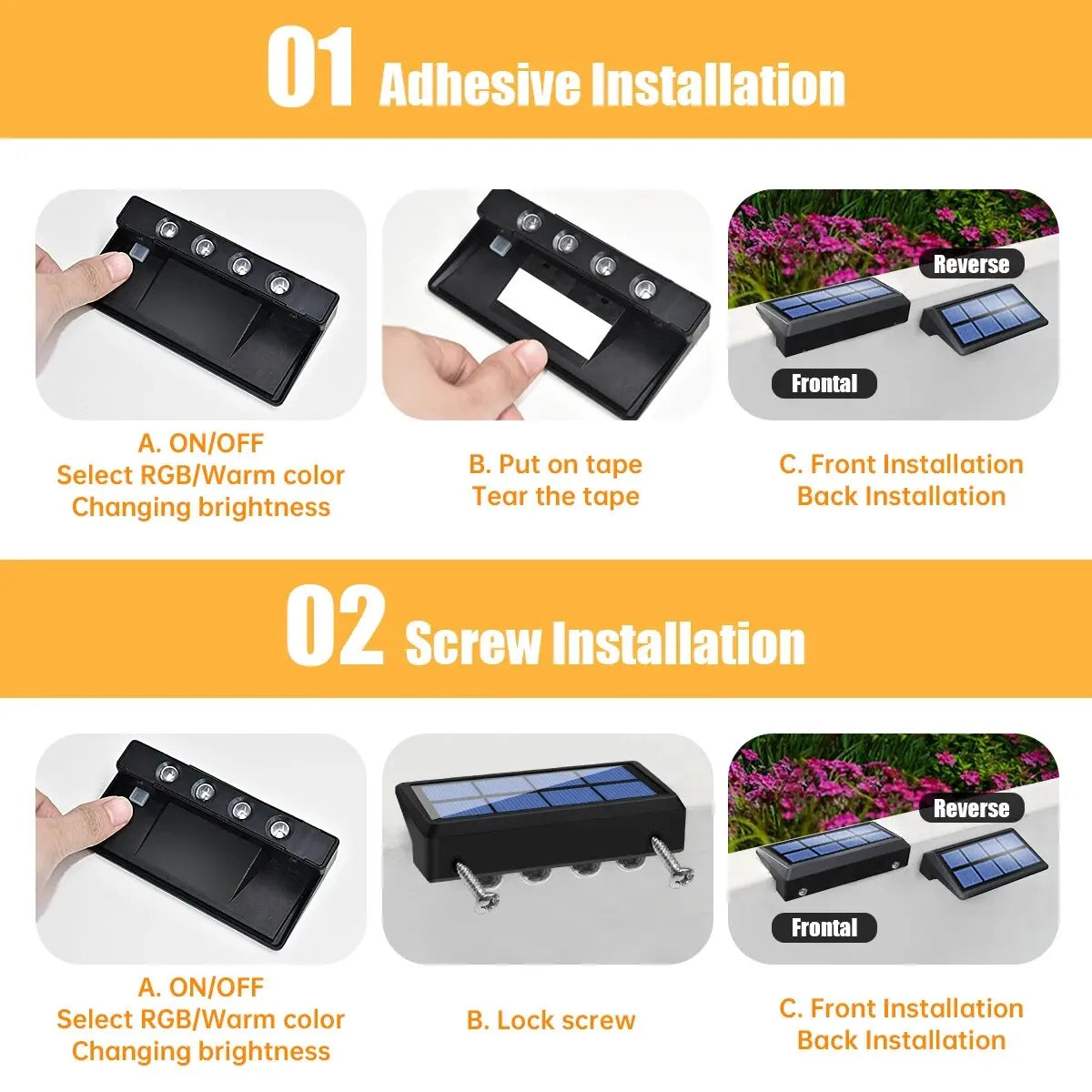 Solar Fence Lights Outdoor - Waterproof RGB Color Changing & Warm White LED Step Lights, IP65