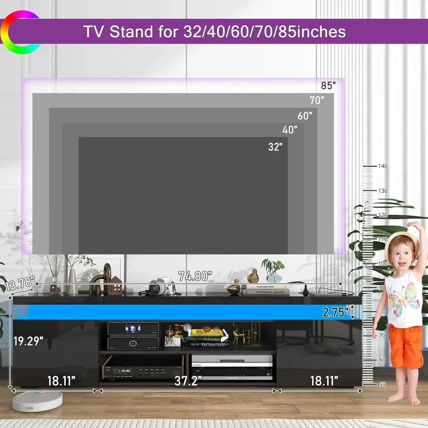 LED TV Stand for 85" TV with Power Outlet, High Gloss Gaming Console & Storage