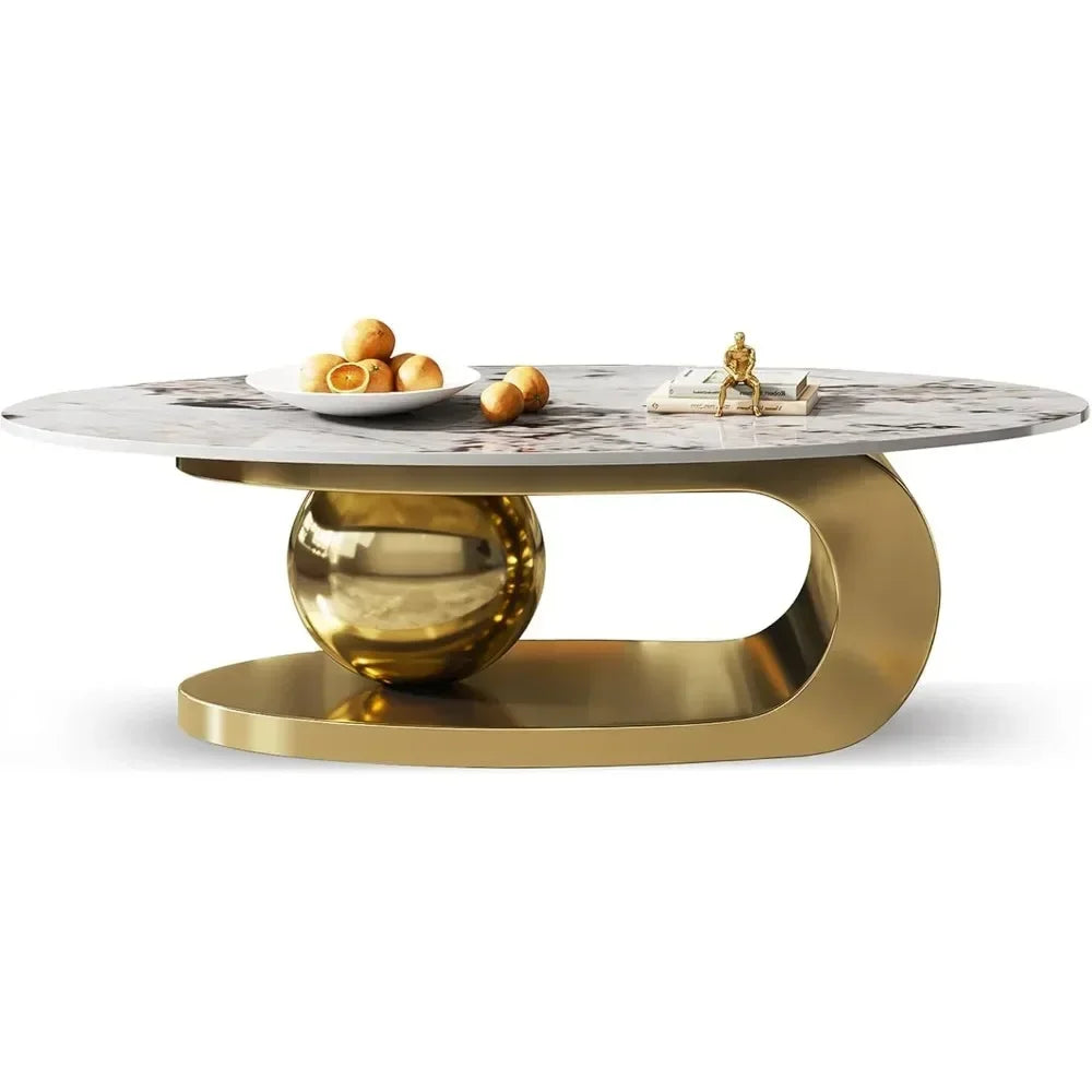 Modern Oval Stone Coffee Table with Gold Metal Base – Elegant Living Room Centerpiece