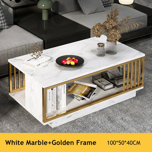 Modern 2-Tier White+Gold Coffee Table High Gloss Marble Veneer Rectangle