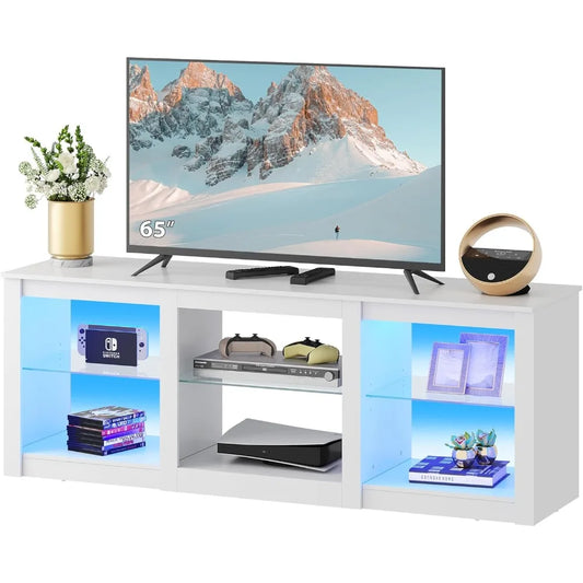 White TV Stand for 65" TV with Adjustable Glass Shelves & LED Lighting