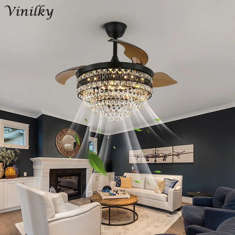 Crystal Fan Pendant Lamp, 42-Inch Dimming Ceiling Chandelier with 6-Speed Fan, Luxury Lighting Fixture