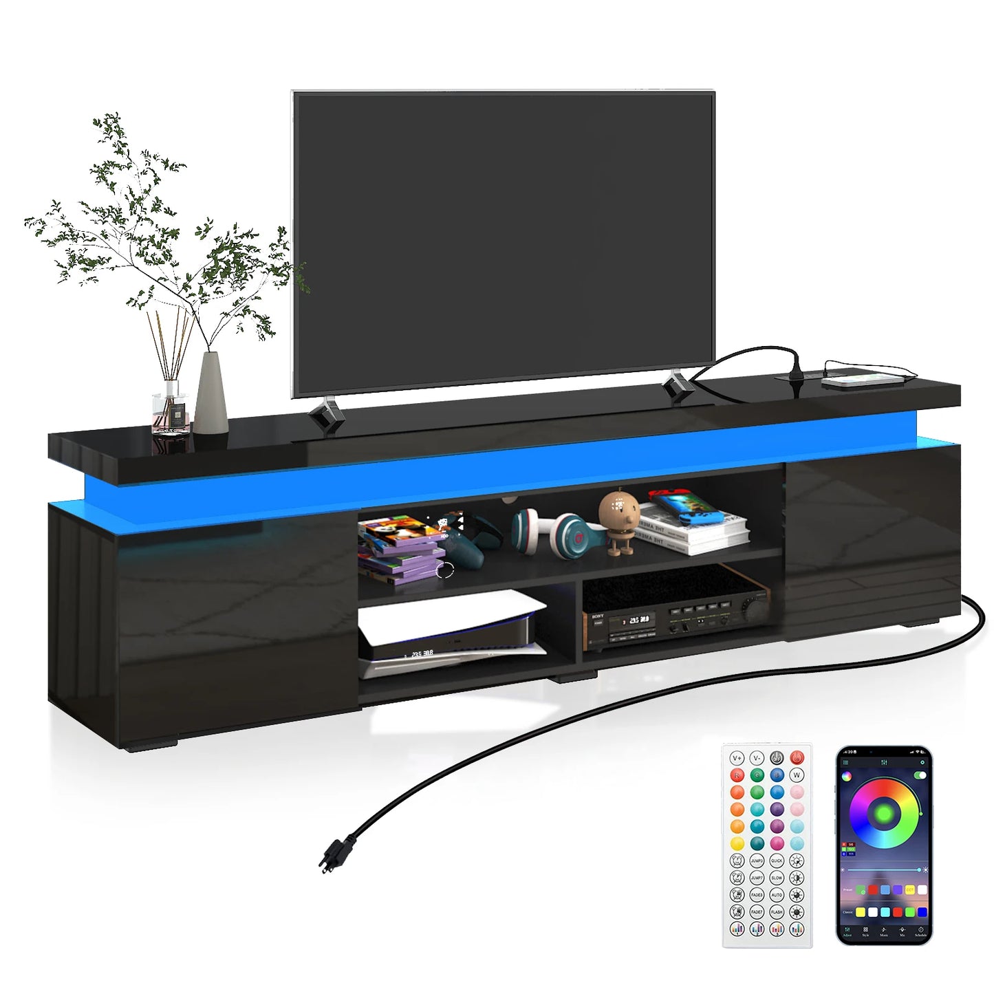 74" LED TV Stand for 80/85" TVs with Power Outlet & High Gloss Storage Cabinet