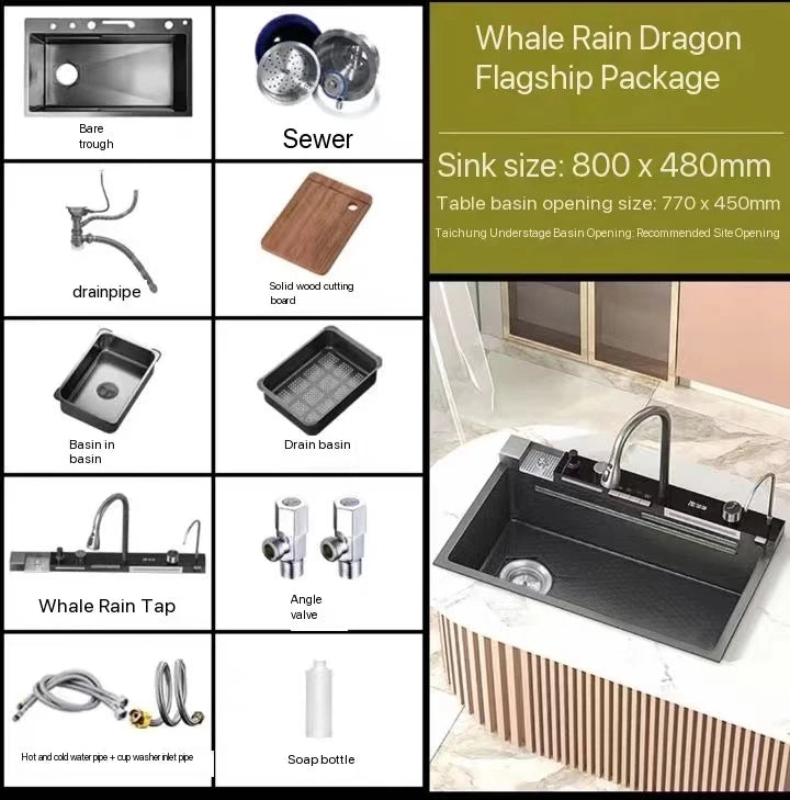 Stainless Steel Kitchen Waterfall Sink Digital Display Large Single Sink Dish Basin Sink With Multifunction Touch-304