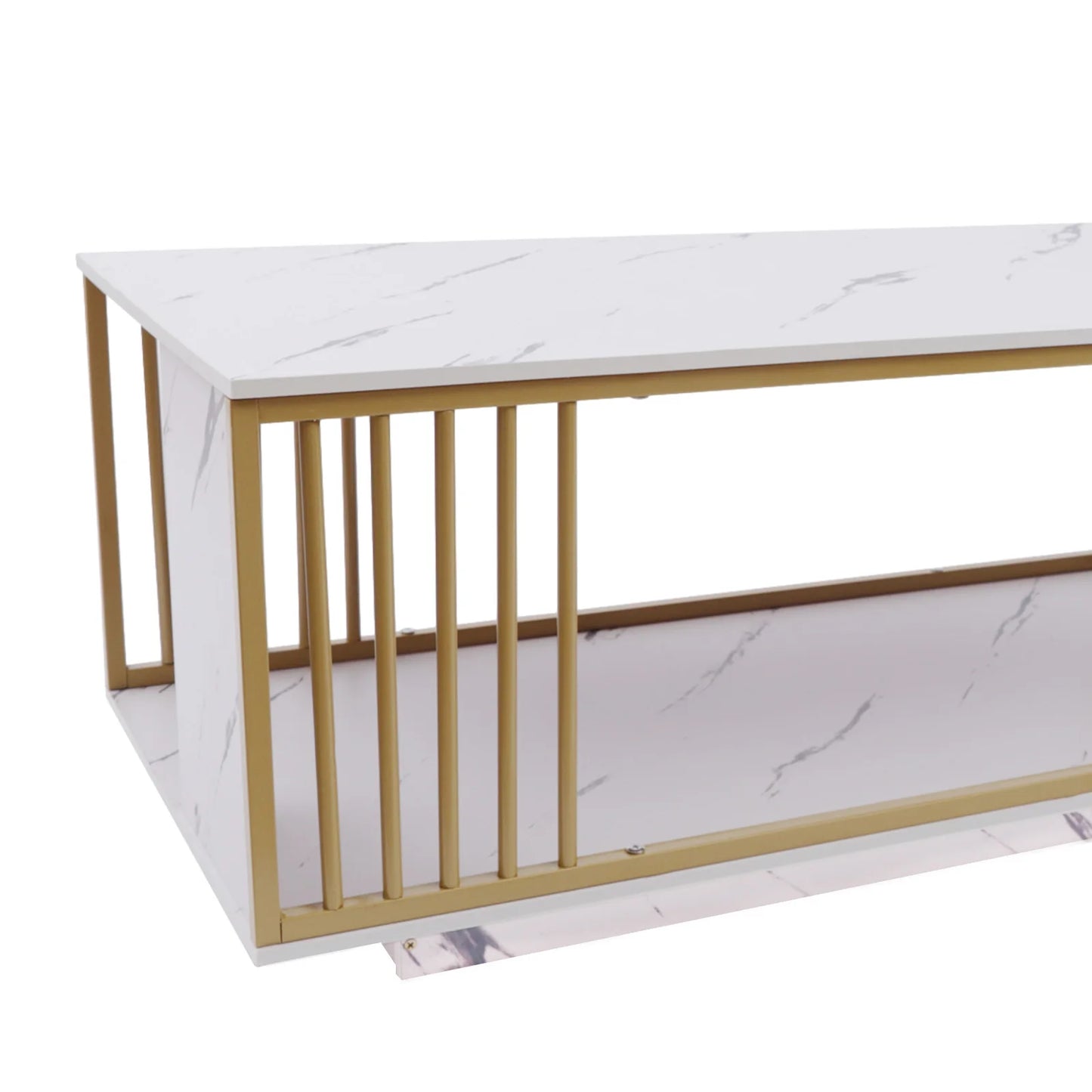 Modern 2-Tier White+Gold Coffee Table High Gloss Marble Veneer Rectangle