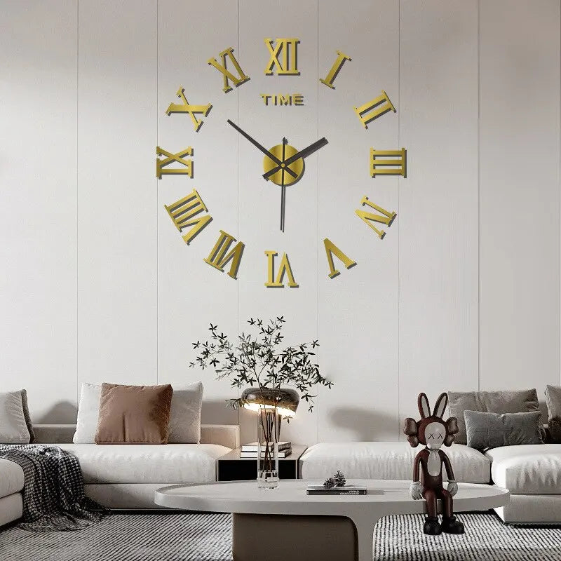 3D Acrylic Roman Numerals Wall Clock – Large Round Mirror Design DIY Self-Adhesive