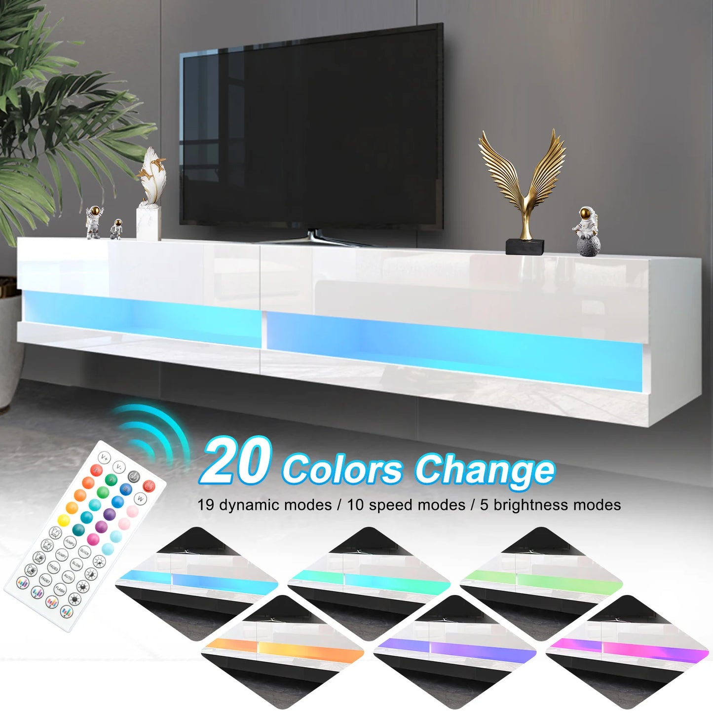 71" Floating TV Stand for 75/80" TVs with LED, Power Outlets & Modern High Gloss Design