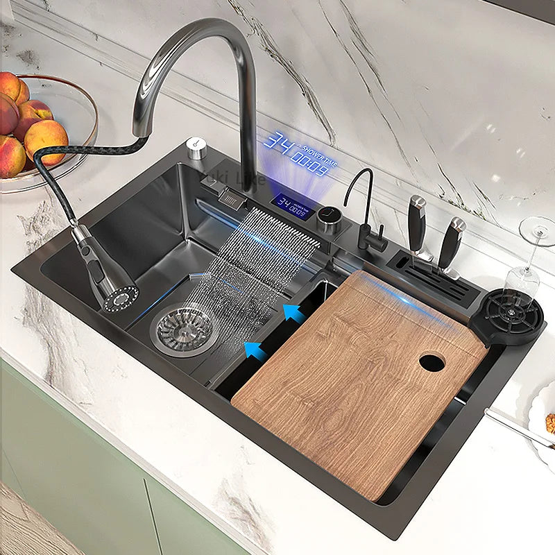 Multifunction Stainless Steel Kitchen Waterfall Sink Digital Display Large Single Sink Dish Basin Sink