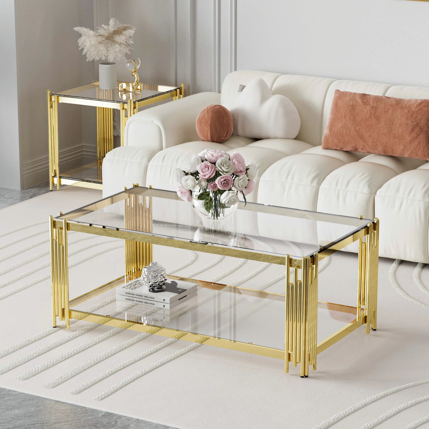 Modern Luxury Gold Coffee Table with Stainless Steel Legs & 8mm Thick Tempered Glass