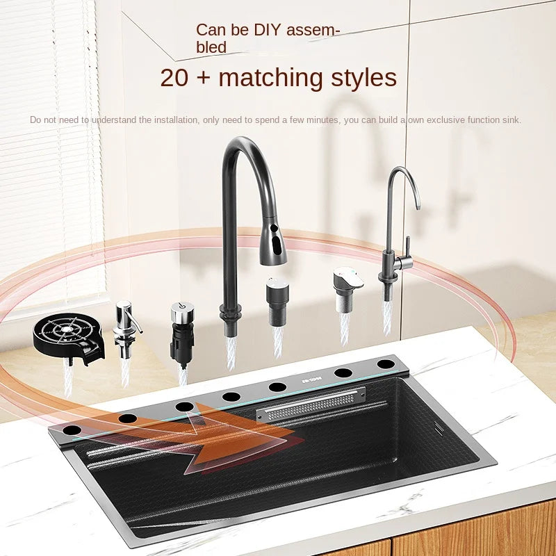 Stainless Steel Kitchen Waterfall Sink Digital Display Large Single Sink Dish Basin Sink With Multifunction Touch-304