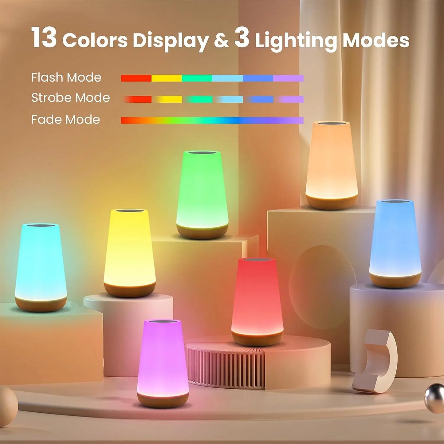 13-Color Changing Table Lamp – Touch Night Light, RGB, USB Rechargeable, Dimmable, Portable