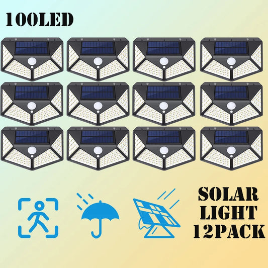 12-Pack Solar Motion Sensor Lights – 100LED Outdoor Wall Lamp with 270° Lighting for Backyard & Patio