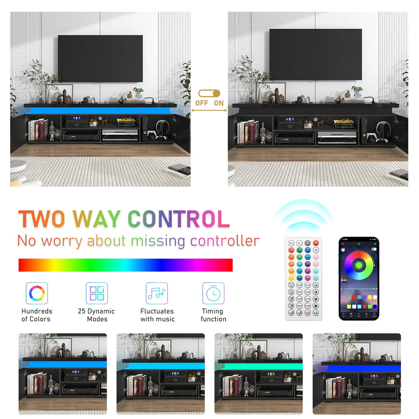 74" LED TV Stand for 80/85" TVs with Power Outlet & High Gloss Storage Cabinet