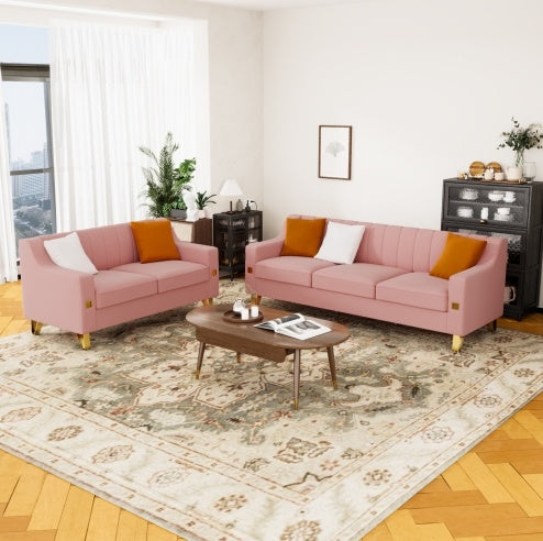 LIVING ROOM SOFA 2 PIECES LOVE SEAT AND SOFA SET WITH PINK VELVET