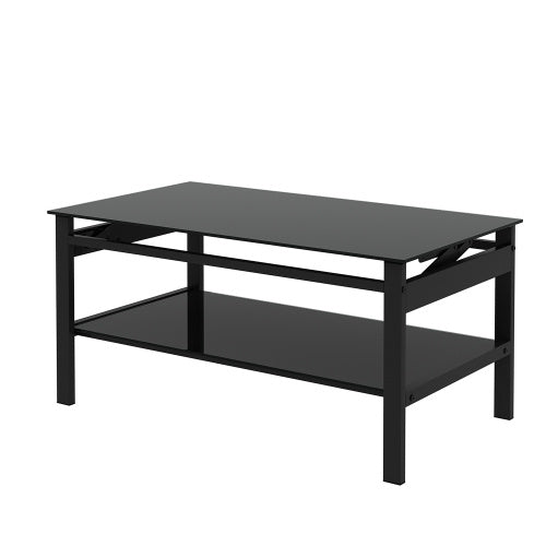 Glass Lift Top Coffee Table, Modern Simple 2-Layer Tempered Glass Coffee Table For Living Room, Black