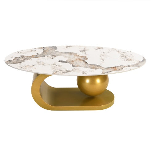 Modern Oval Coffee Table For Living Room, Marble Pattern Sintered Stone Coffee Tabletop With Gold Stainless Steel Base In 47.2