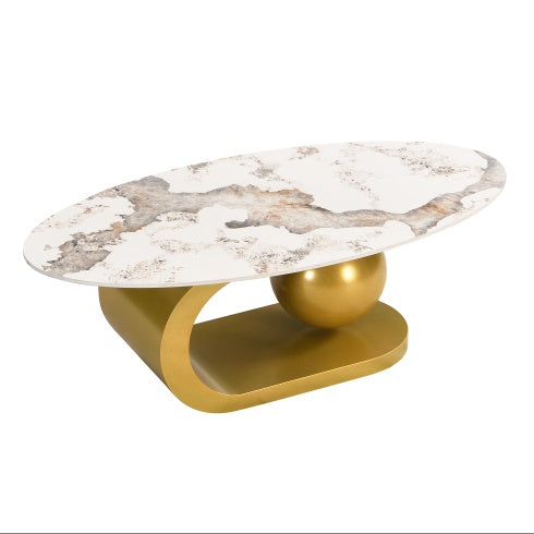 Modern Oval Coffee Table For Living Room, Marble Pattern Sintered Stone Coffee Tabletop With Gold Stainless Steel Base In 47.2